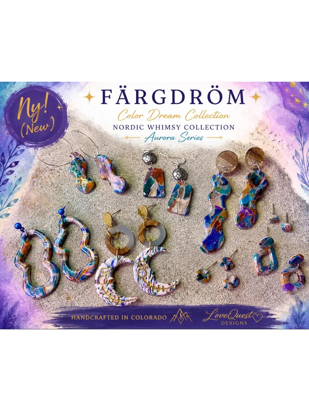 Stjärnvirvel | Matching Aurora Dangle & Stud Polymer Clay Earring Set
